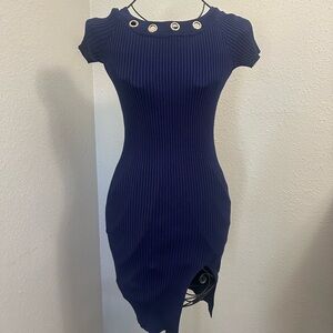 Blue Asymmetrical Ribbed Bodycon Cocktail Dress